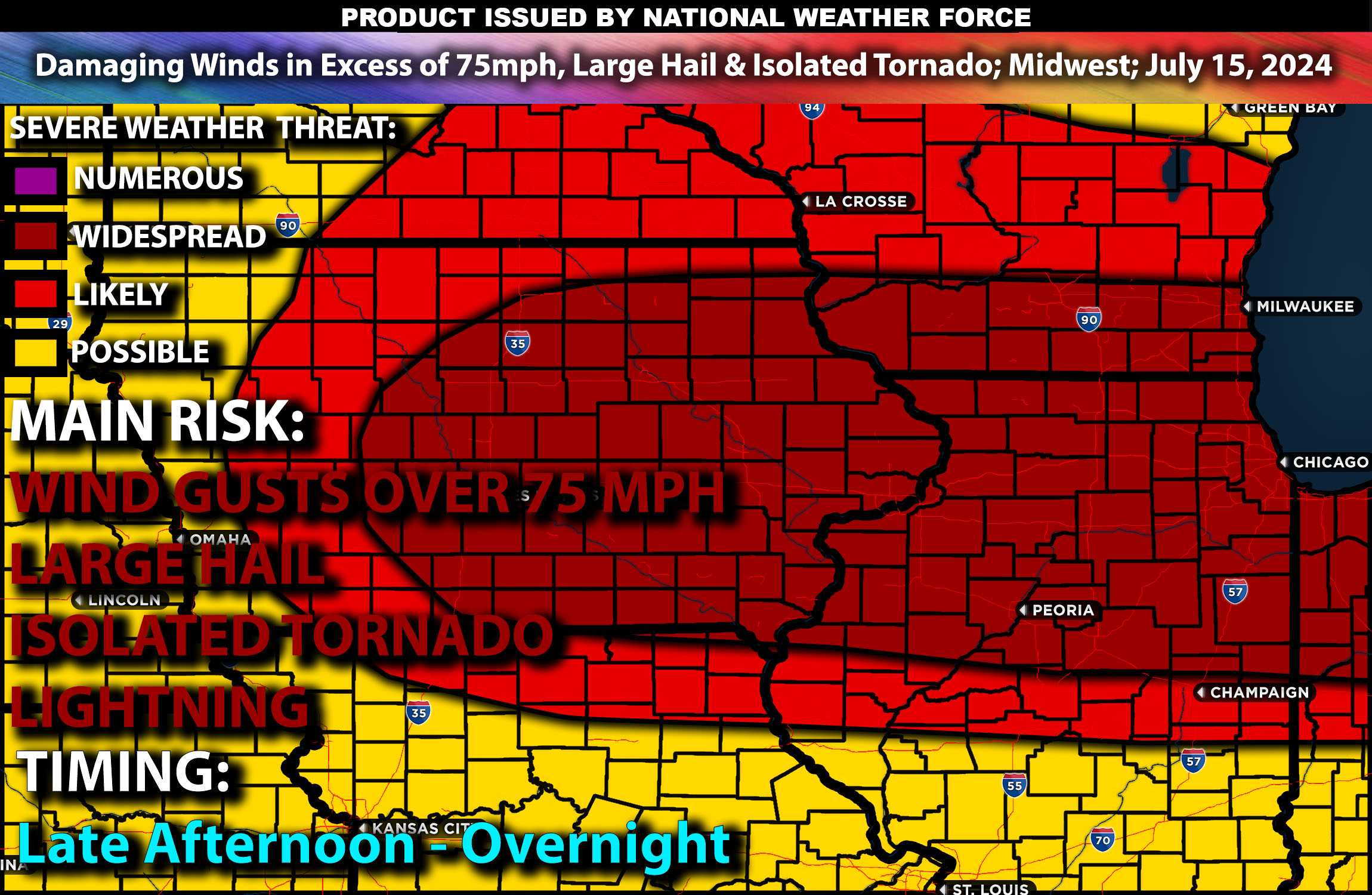 Damaging Winds in Excess of 75mph, Large Hail & Isolated Tornado; Midwest; July 15, 2024