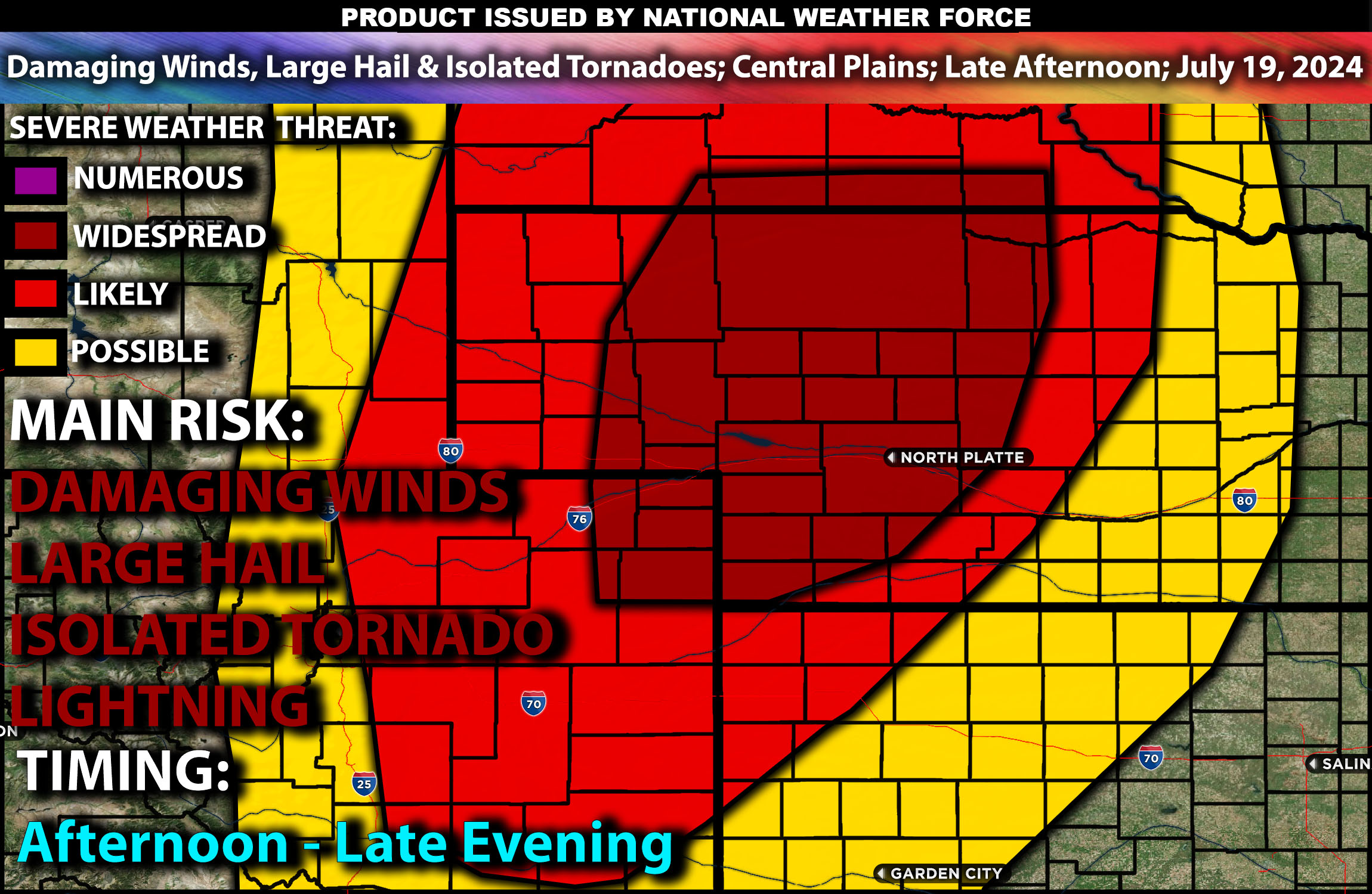 Damaging Winds, Large Hail & Isolated Tornadoes Likely; Central Plains; Late Afternoon; July 19, 2024
