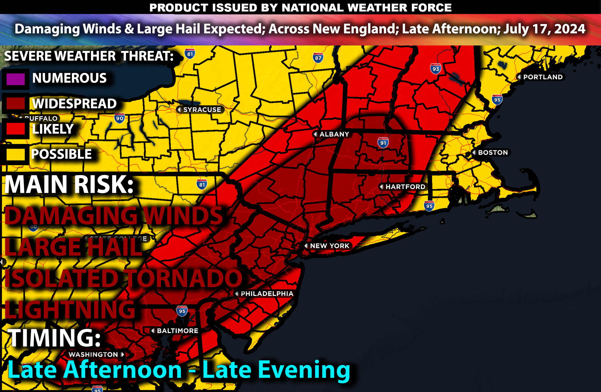 Damaging Winds & Large Hail Expected; Across New England; Late Afternoon – Evening; July 17, 2024