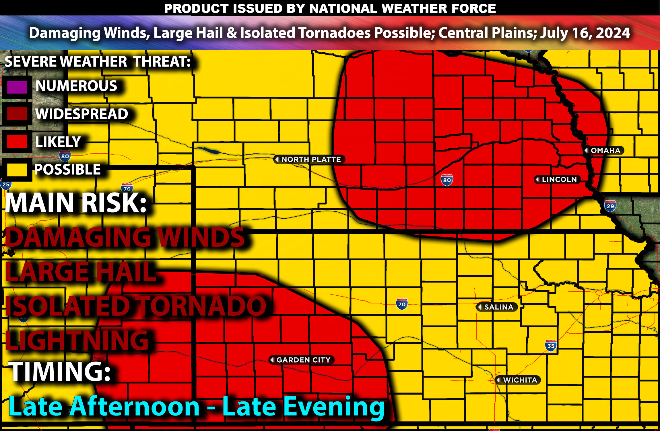 Damaging Winds, Large Hail & Isolated Tornadoes Possible; Central Plains; July 16, 2024